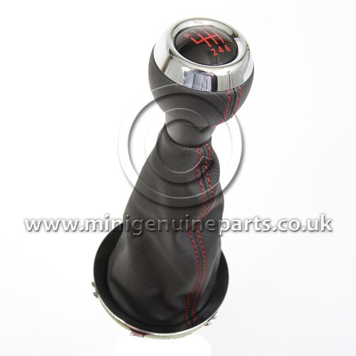 JCW Gearknob & Black Leather Gaitor with Red Stitching - Chromeline - R55/R56/R57
